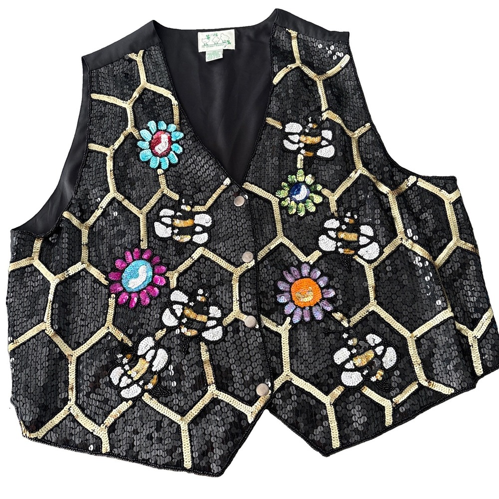 Quacker Factory Sequin Vest Beaded Bee Honeycomb Floral Spring Womens 1X Black